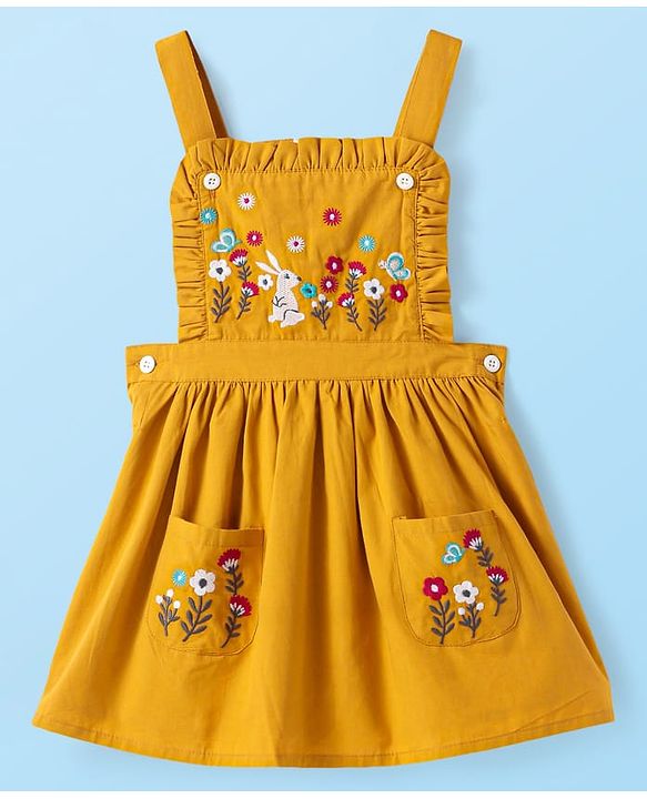 Babyhug Cotton Woven Frock & Half Sleeves Inner Tee With Floral Print & Embroidery - Yellow & White