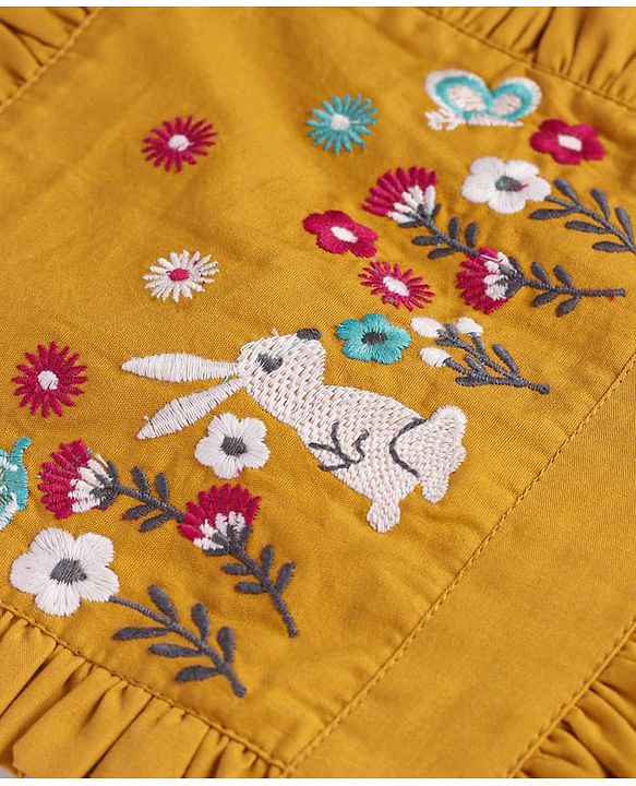 Babyhug Cotton Woven Frock & Half Sleeves Inner Tee With Floral Print & Embroidery - Yellow & White