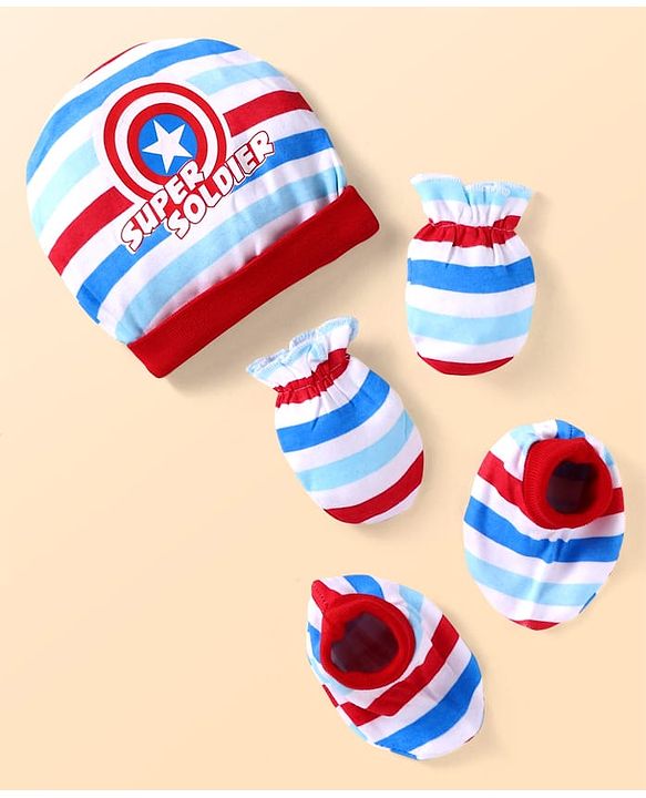 Babyhug Marvel Interlock Knit Cap Mittens & Booties Set with Stripes & Avengers Graphics - White
