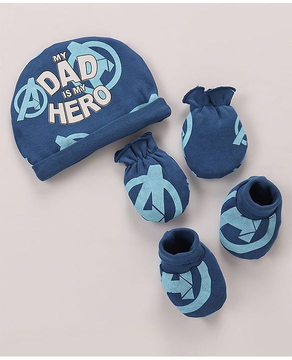 Babyhug Marvel Interlock Knit Cap Mittens & Booties Set with Avengers Graphics Blue - Diameter 12 Cm