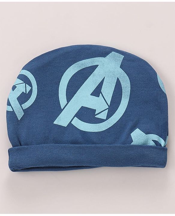 Babyhug Marvel Interlock Knit Cap Mittens & Booties Set with Avengers Graphics Blue - Diameter 12 Cm