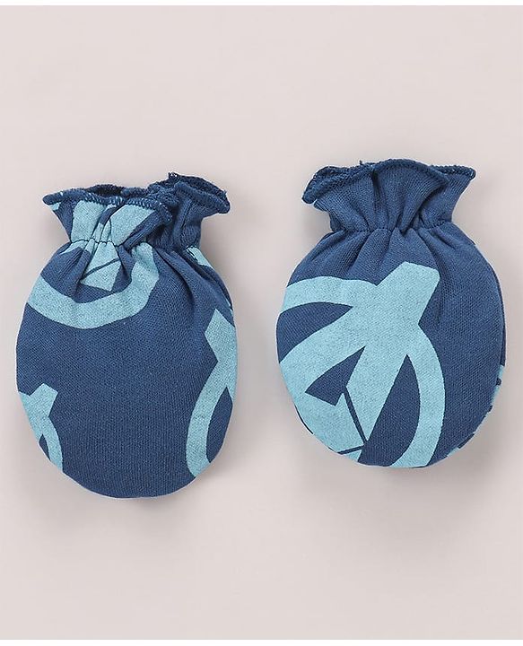 Babyhug Marvel Interlock Knit Cap Mittens & Booties Set with Avengers Graphics Blue - Diameter 12 Cm