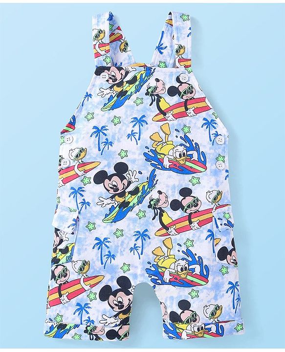 Babyhug Disney Single Jersey Knit Dungaree and Half Sleeves T-Shirt Set Mickey Mouse Graphics - White