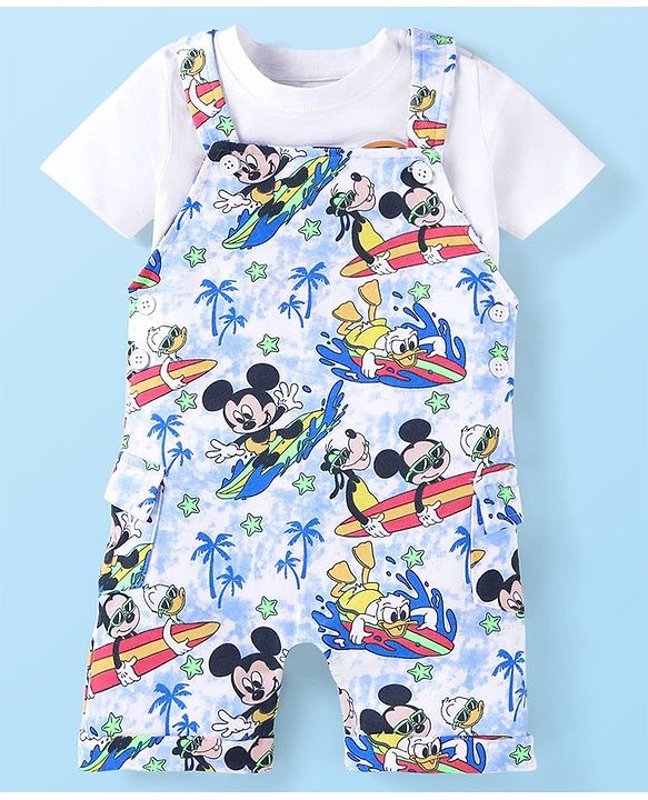 Babyhug Disney Single Jersey Knit Dungaree and Half Sleeves T-Shirt Set Mickey Mouse Graphics - White