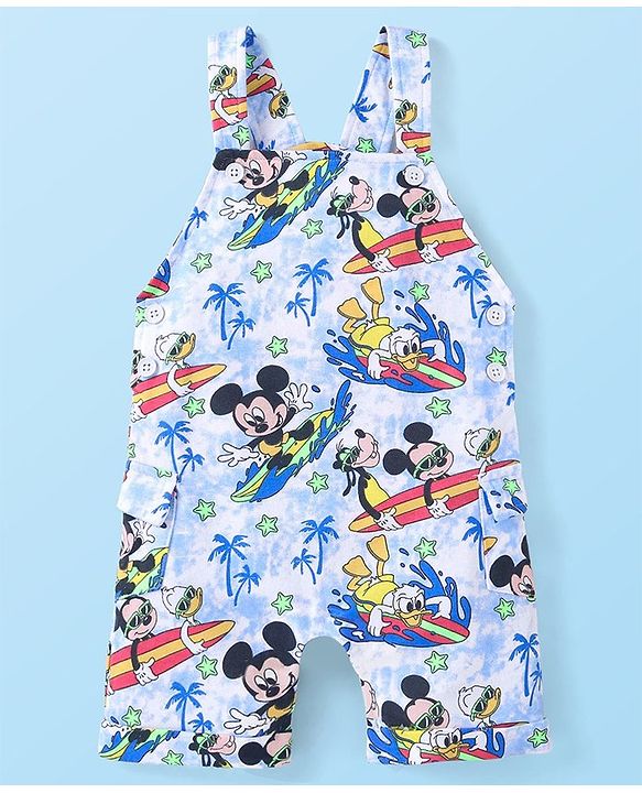 Babyhug Disney Single Jersey Knit Dungaree and Half Sleeves T-Shirt Set Mickey Mouse Graphics - White