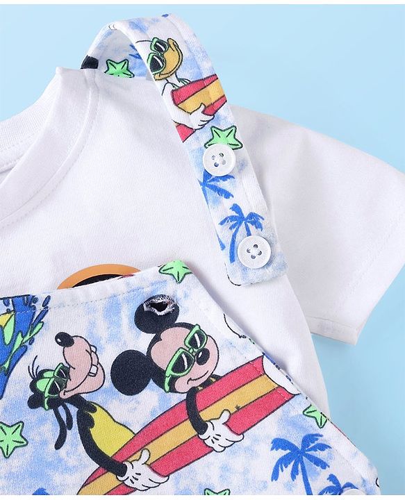 Babyhug Disney Single Jersey Knit Dungaree and Half Sleeves T-Shirt Set Mickey Mouse Graphics - White