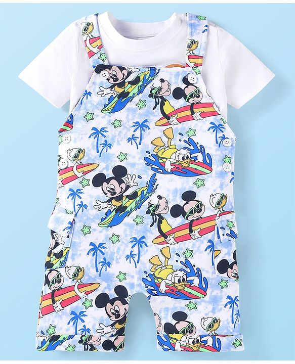 Babyhug Disney Single Jersey Knit Dungaree and Half Sleeves T-Shirt Set Mickey Mouse Graphics - White