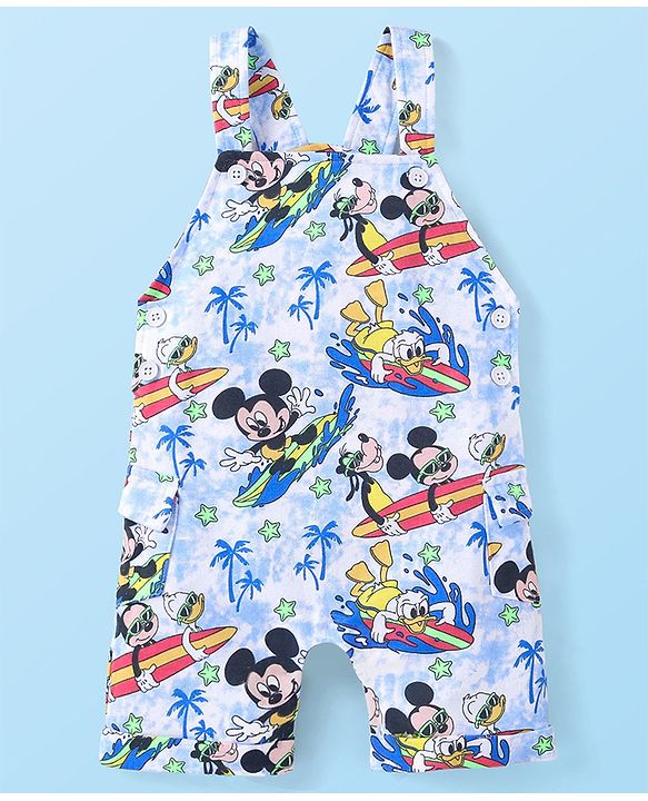 Babyhug Disney Single Jersey Knit Dungaree and Half Sleeves T-Shirt Set Mickey Mouse Graphics - White