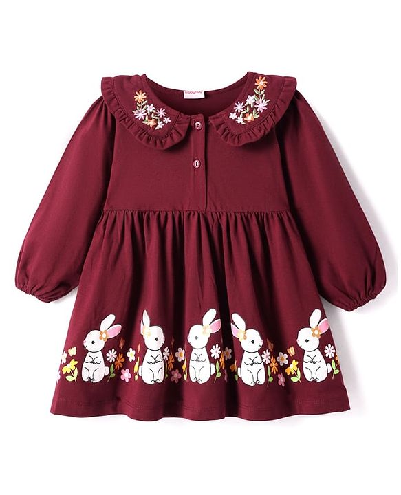 Babyhug Cotton Woven Full Sleeves Peter Pan Collared Frock With Floral Embroidery & Bunny Print - Maroon