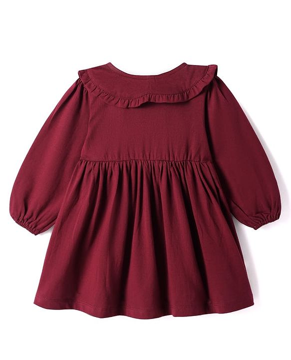 Babyhug Cotton Woven Full Sleeves Peter Pan Collared Frock With Floral Embroidery & Bunny Print - Maroon