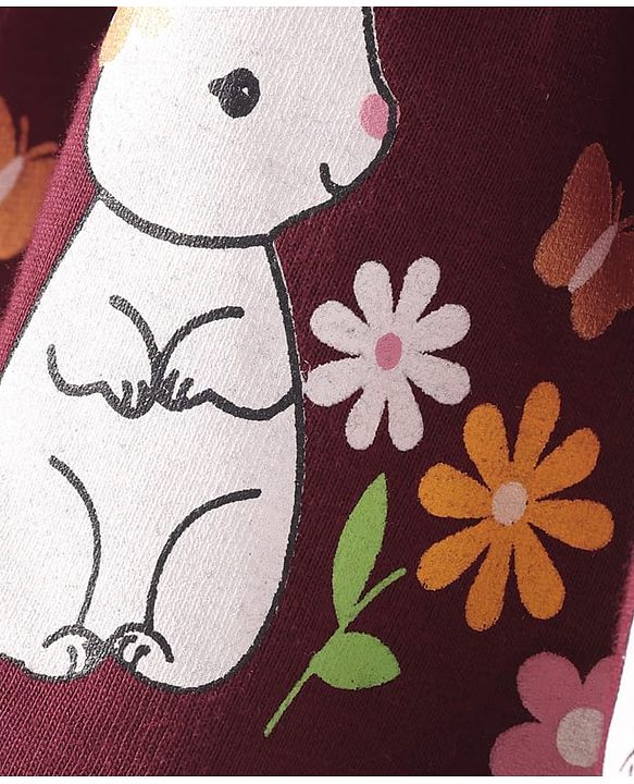 Babyhug Cotton Woven Full Sleeves Peter Pan Collared Frock With Floral Embroidery & Bunny Print - Maroon