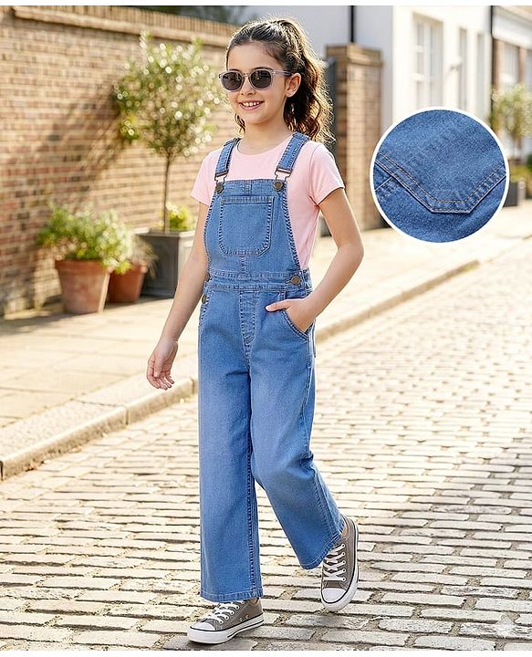 Pine Kids Woven  Full Length  Sleeveless Washed Denim Dungaree - Navy Blue