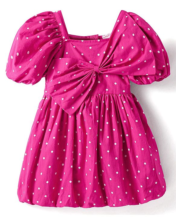 Babyhug Cotton Woven Half Puffed Sleeves Frock With Polka Dot Print & Bow Applique - Dark Pink