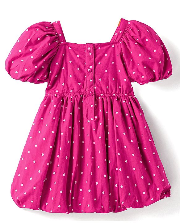 Babyhug Cotton Woven Half Puffed Sleeves Frock With Polka Dot Print & Bow Applique - Dark Pink
