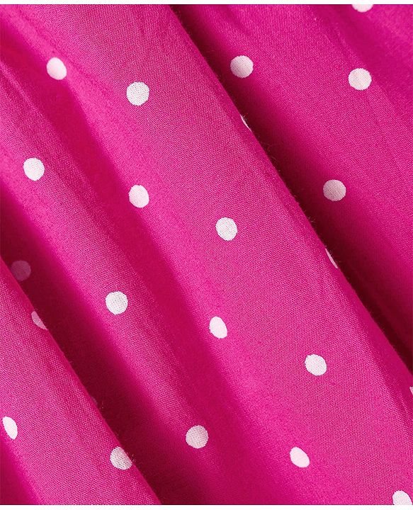 Babyhug Cotton Woven Half Puffed Sleeves Frock With Polka Dot Print & Bow Applique - Dark Pink