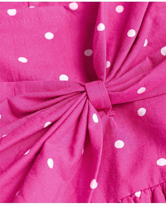 Babyhug Cotton Woven Half Puffed Sleeves Frock With Polka Dot Print & Bow Applique - Dark Pink