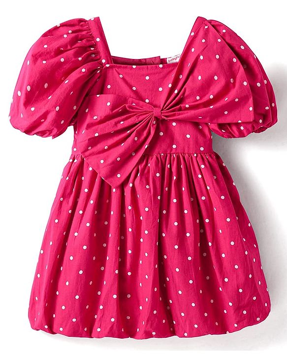 Babyhug Cotton Woven Half Puffed Sleeves Frock With Polka Dot Print & Bow Applique - Dark Pink