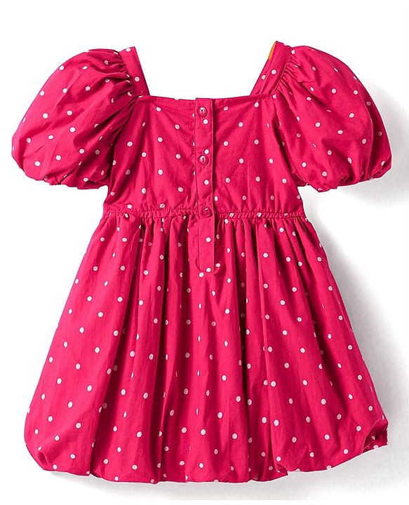 Babyhug Cotton Woven Half Puffed Sleeves Frock With Polka Dot Print & Bow Applique - Dark Pink