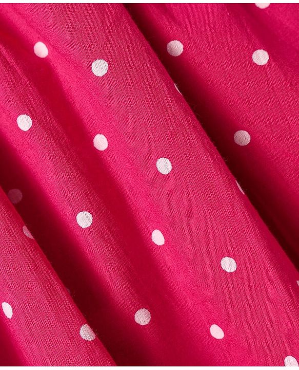 Babyhug Cotton Woven Half Puffed Sleeves Frock With Polka Dot Print & Bow Applique - Dark Pink