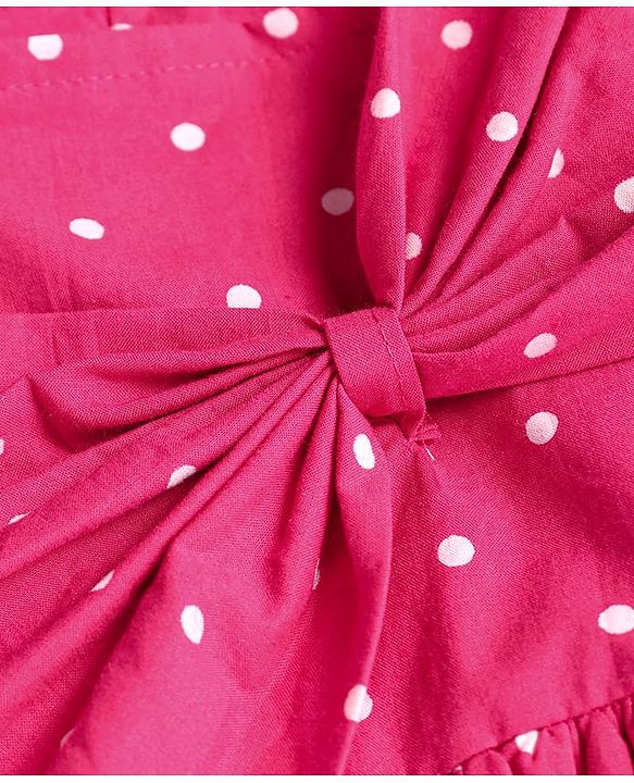 Babyhug Cotton Woven Half Puffed Sleeves Frock With Polka Dot Print & Bow Applique - Dark Pink