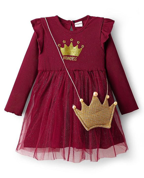 Babyhug Cotton Knit Full Sleeves Dress With Mesh & Glitter Detailing - Maroon