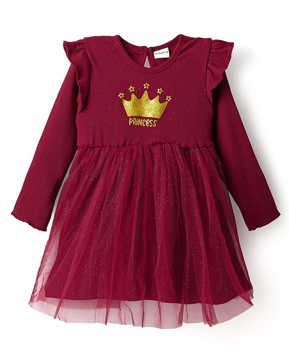 Babyhug Cotton Knit Full Sleeves Dress With Mesh & Glitter Detailing - Maroon