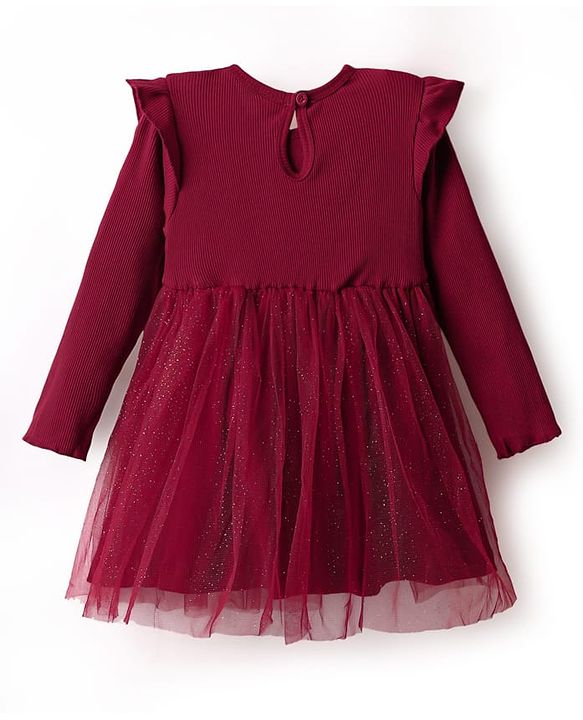 Babyhug Cotton Knit Full Sleeves Dress With Mesh & Glitter Detailing - Maroon