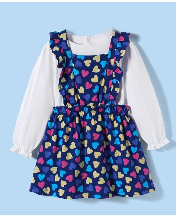Babyhug Cotton Knit Full Peasant Sleeves Solid Colour Top & Heart Printed Frock - Navy Blue