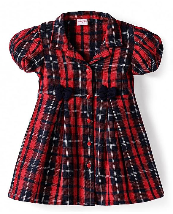 Babyhug Cotton Woven Half Puffed Sleeves Checkered Collared Winter Frock with Bow Applique - Dark Red