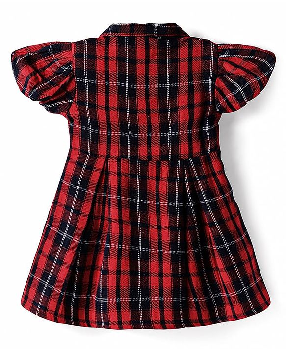 Babyhug Cotton Woven Half Puffed Sleeves Checkered Collared Winter Frock with Bow Applique - Dark Red