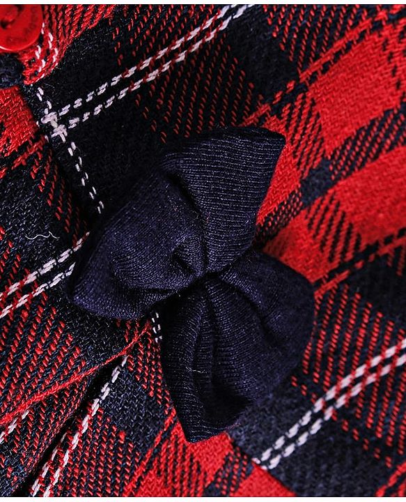 Babyhug Cotton Woven Half Puffed Sleeves Checkered Collared Winter Frock with Bow Applique - Dark Red