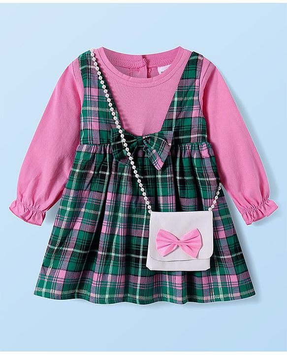 Babyhug Cotton Woven Full Sleeves Checkered Frock with Sling Bag & Bow Applique - Pink