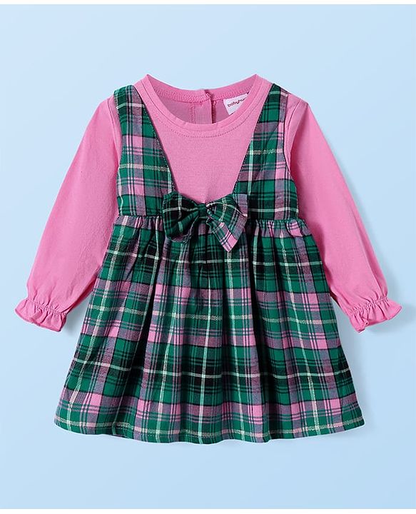 Babyhug Cotton Woven Full Sleeves Checkered Frock with Sling Bag & Bow Applique - Pink