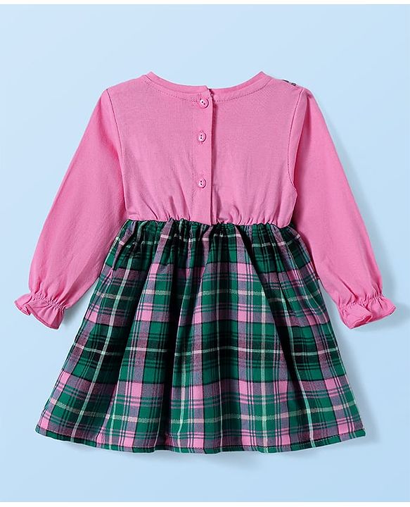 Babyhug Cotton Woven Full Sleeves Checkered Frock with Sling Bag & Bow Applique - Pink