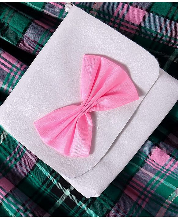 Babyhug Cotton Woven Full Sleeves Checkered Frock with Sling Bag & Bow Applique - Pink