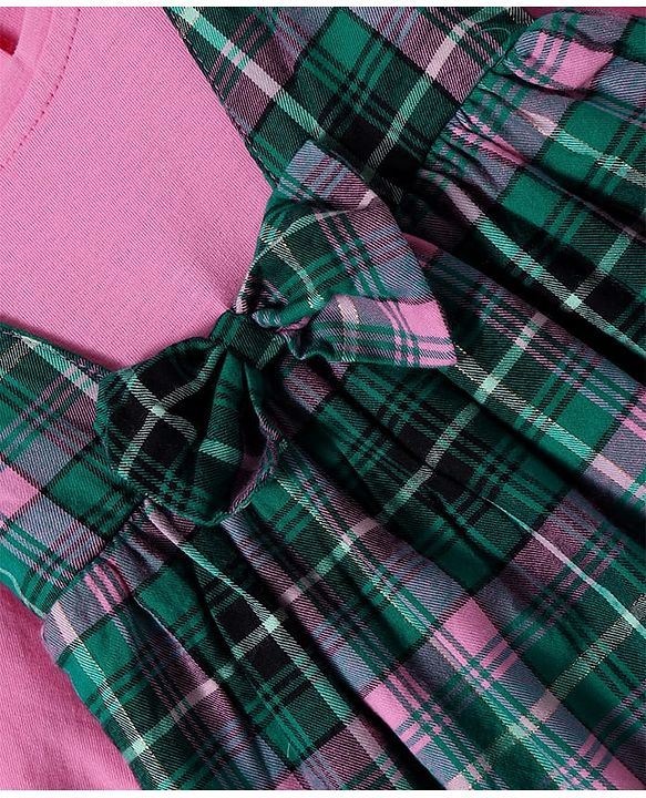 Babyhug Cotton Woven Full Sleeves Checkered Frock with Sling Bag & Bow Applique - Pink