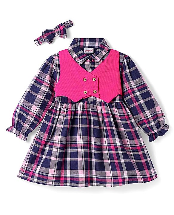 Babyhug Cotton Woven Full Sleeves Checks Frock With Attached Shrug & Headband - Pink & Navy Blue
