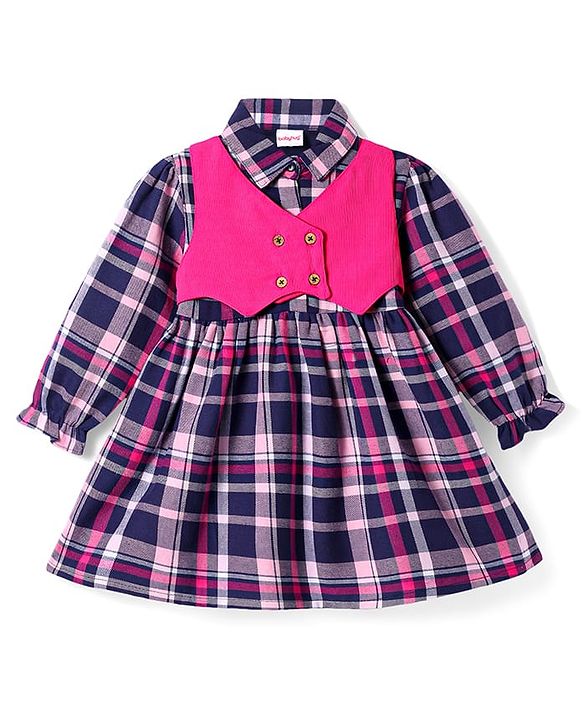 Babyhug Cotton Woven Full Sleeves Checks Frock With Attached Shrug & Headband - Pink & Navy Blue