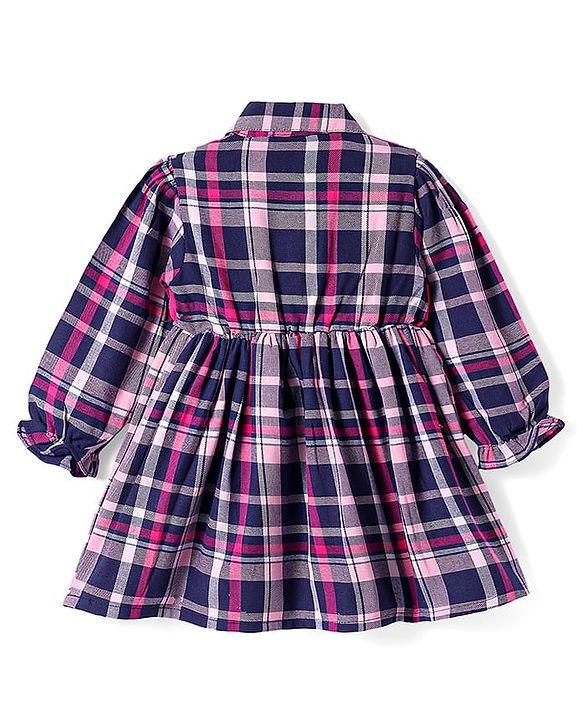 Babyhug Cotton Woven Full Sleeves Checks Frock With Attached Shrug & Headband - Pink & Navy Blue