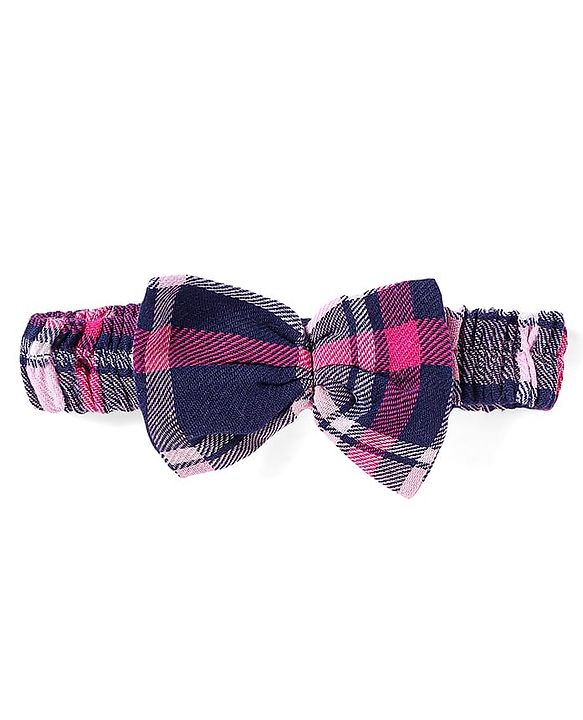 Babyhug Cotton Woven Full Sleeves Checks Frock With Attached Shrug & Headband - Pink & Navy Blue
