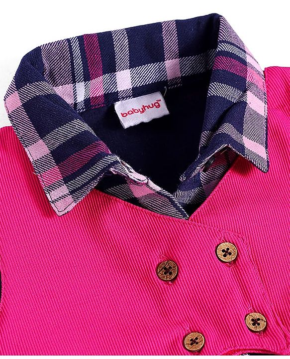 Babyhug Cotton Woven Full Sleeves Checks Frock With Attached Shrug & Headband - Pink & Navy Blue