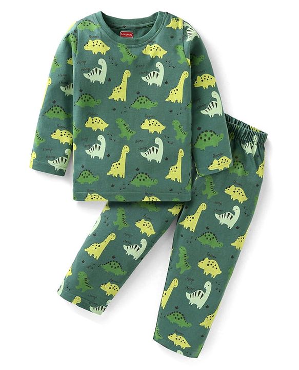 Babyhug Cotton Knit Full Sleeves Dino Printed Night Suit - Dark Green