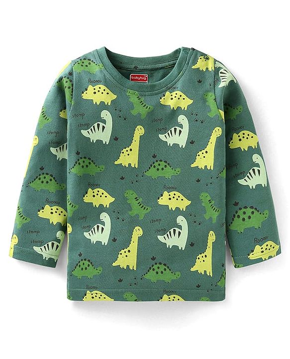 Babyhug Cotton Knit Full Sleeves Dino Printed Night Suit - Dark Green