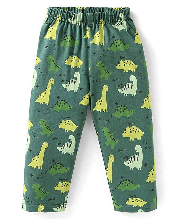 Babyhug Cotton Knit Full Sleeves Dino Printed Night Suit - Dark Green