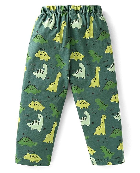Babyhug Cotton Knit Full Sleeves Dino Printed Night Suit - Dark Green