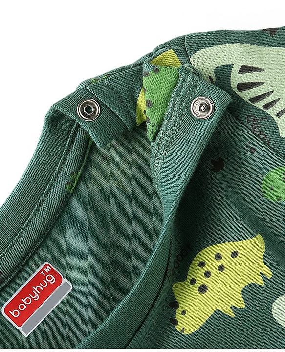 Babyhug Cotton Knit Full Sleeves Dino Printed Night Suit - Dark Green