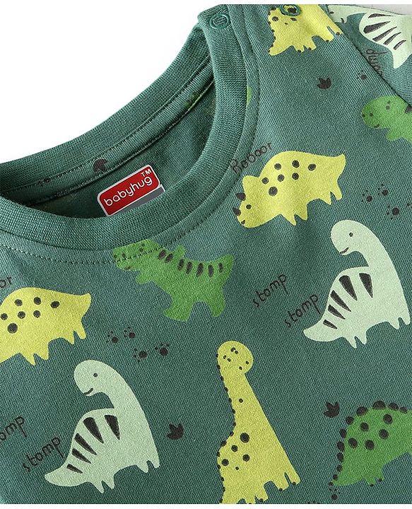Babyhug Cotton Knit Full Sleeves Dino Printed Night Suit - Dark Green