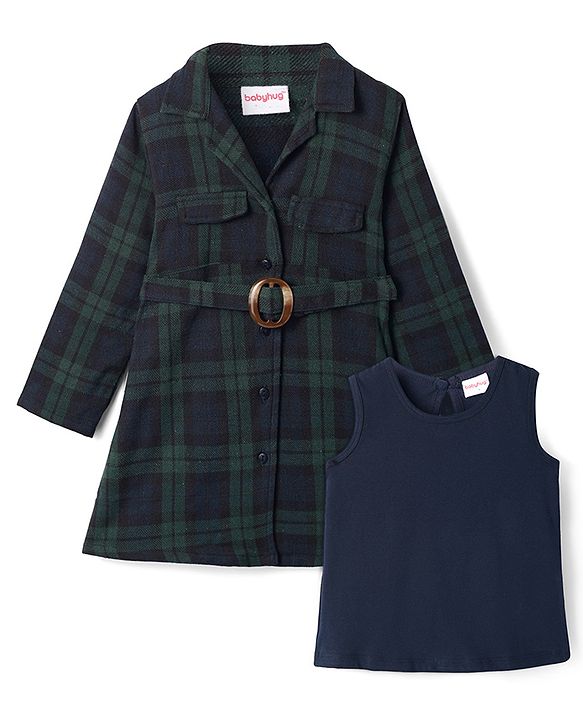 Babyhug Cotton Woven Full Sleeves Checkered Winter Frock with Sleeveless Inner T-Shirt - Dark Green