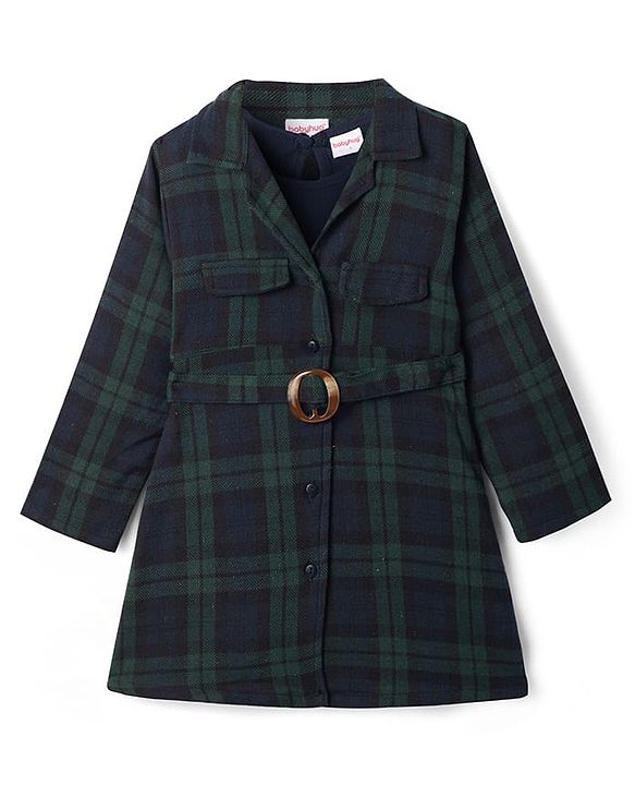 Babyhug Cotton Woven Full Sleeves Checkered Winter Frock with Sleeveless Inner T-Shirt - Dark Green