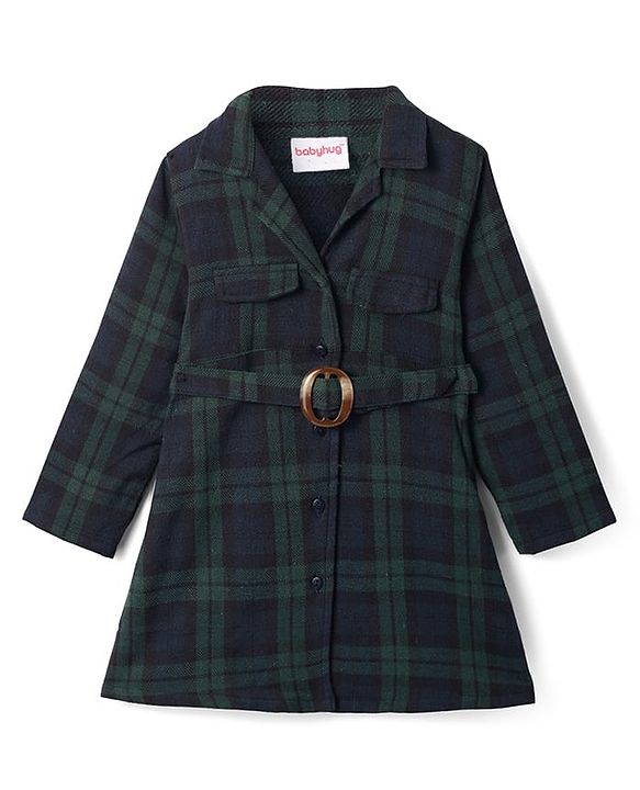 Babyhug Cotton Woven Full Sleeves Checkered Winter Frock with Sleeveless Inner T-Shirt - Dark Green